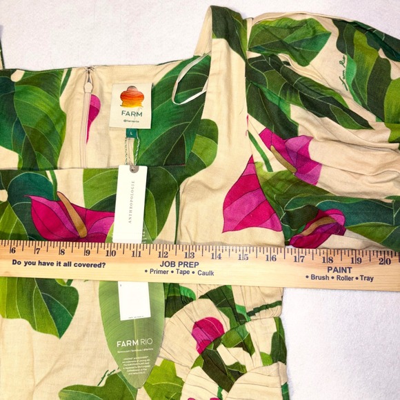 Farm Rio Anthurium Leaves Dress‎ Puff Sleeve Square Neck Linen Blend Size L - Picture 7 of 14